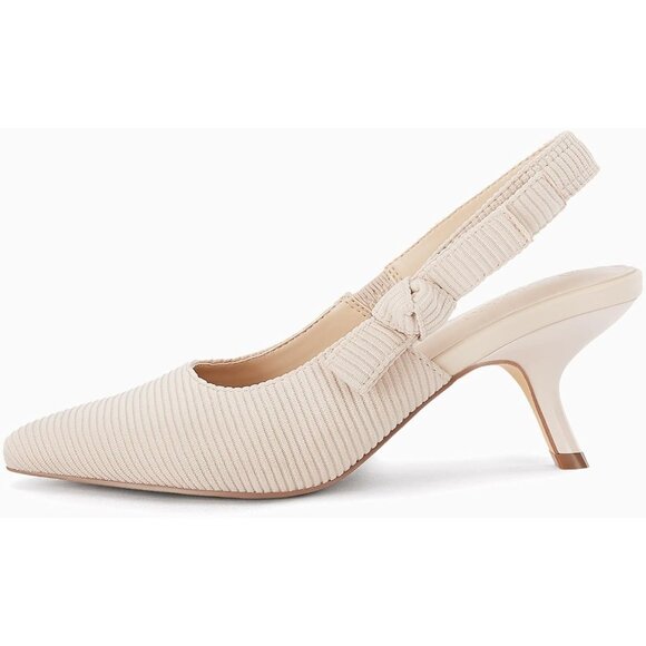 ⚡Women's Beige Slingback Kitten Heels Pointed Toe Bowknot Knitted Slip On - Picture 4 of 5